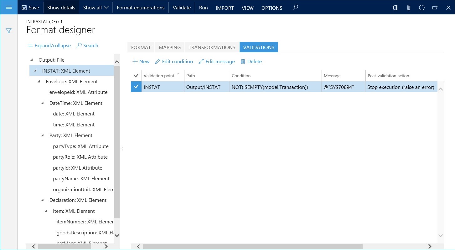 Screenshot of a validation configuration.