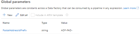 Screenshot of PostalAddressIdPrefix global parameter created on the Manage tab.