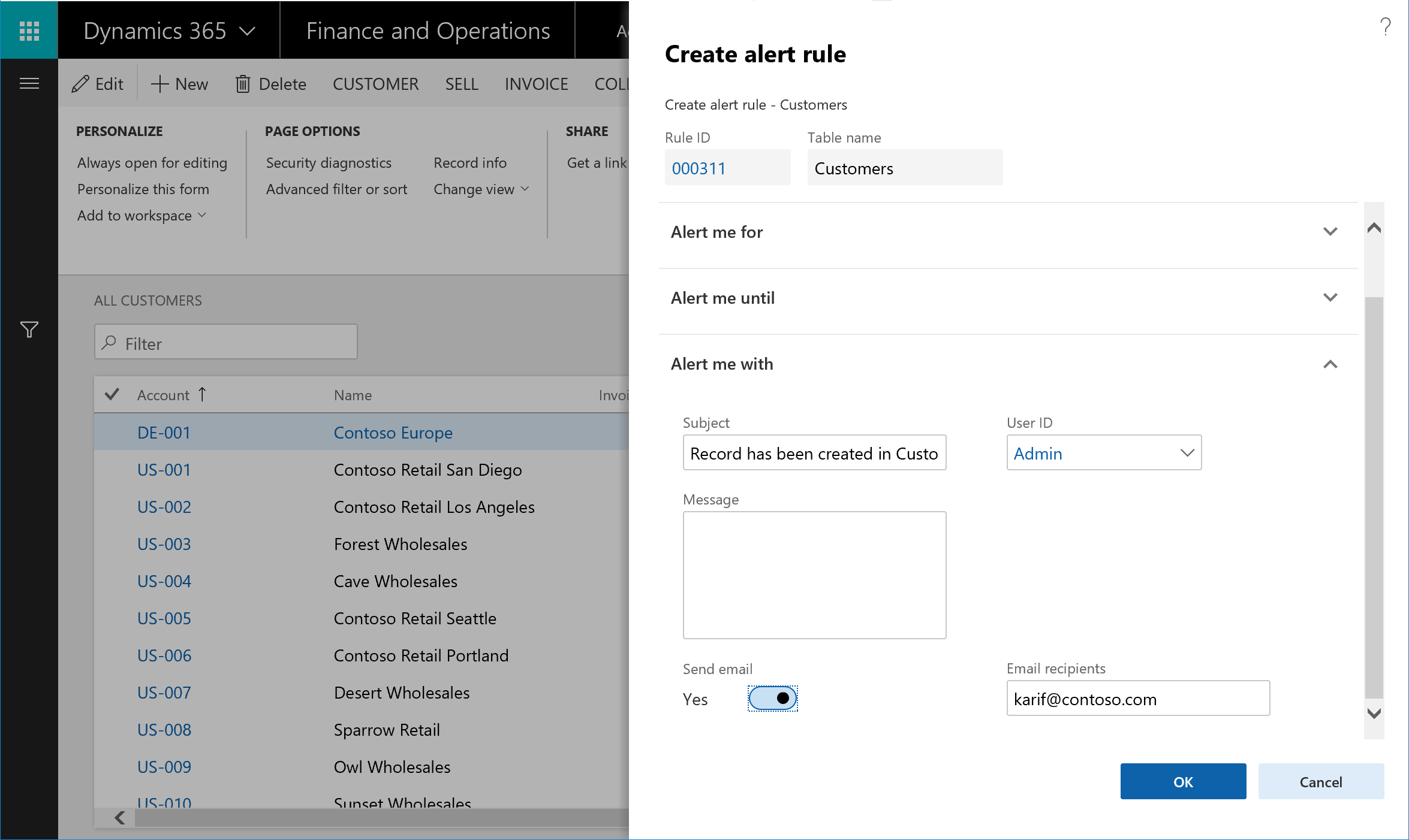 Screenshot of Create alert rule dialog box, where the Send email option is set to Yes.