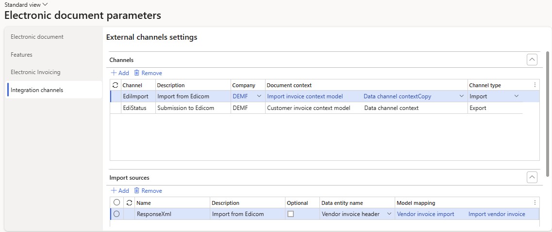 Screenshot of the configuration on the Integration channels tab of the Electronic document parameters page.