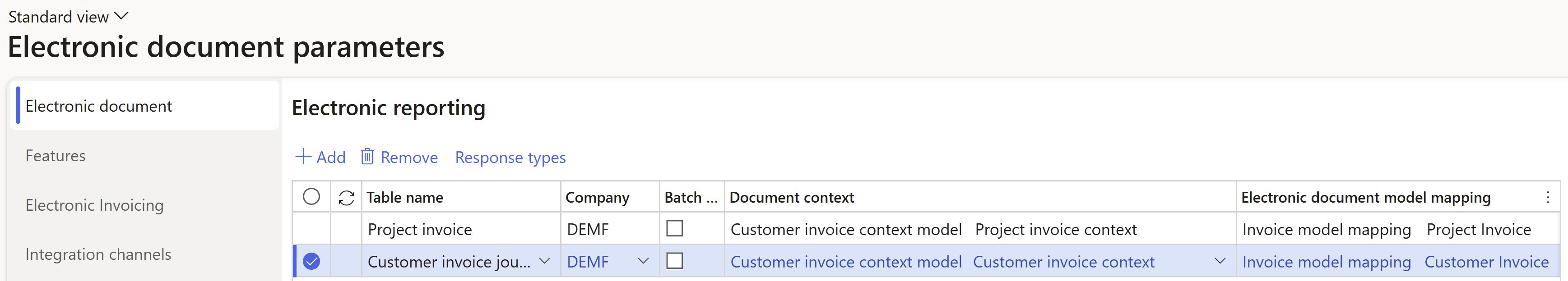 Screenshot of the setup on the Electronic document tab of the Electronic document parameters page.
