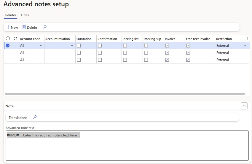 Screenshot of the advance notes configuration.