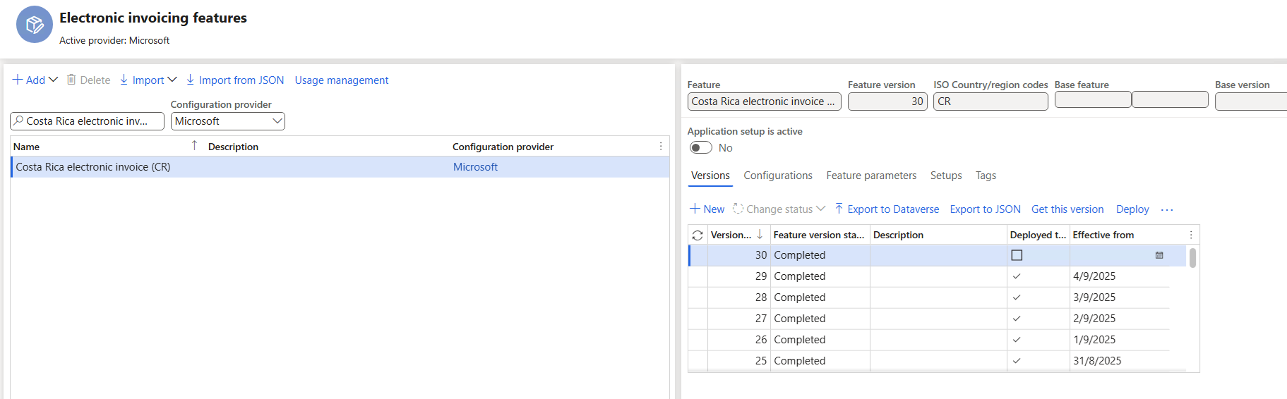 Screenshot of the imported Globalization feature for Costa Rica on the Electronic invoicing features page.
