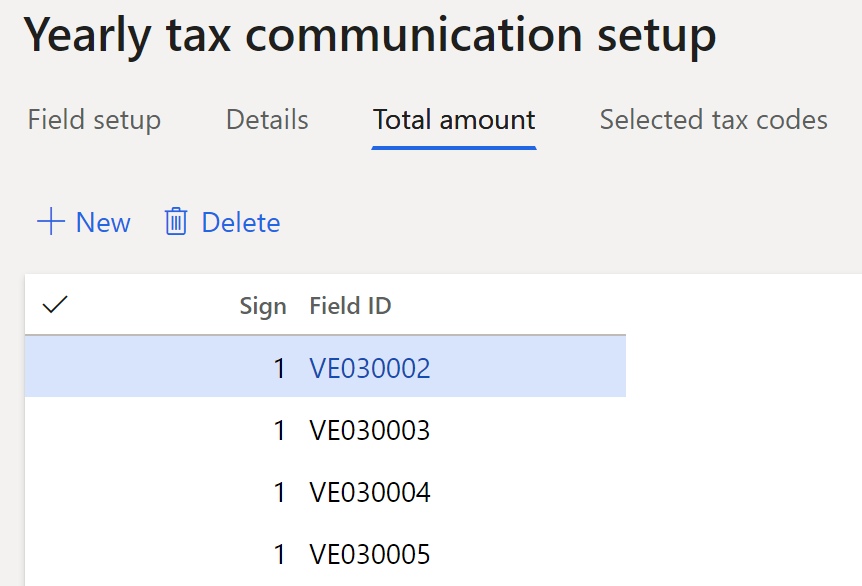 Screenshot of the Yearly tax communication setup page, Total amount tab.