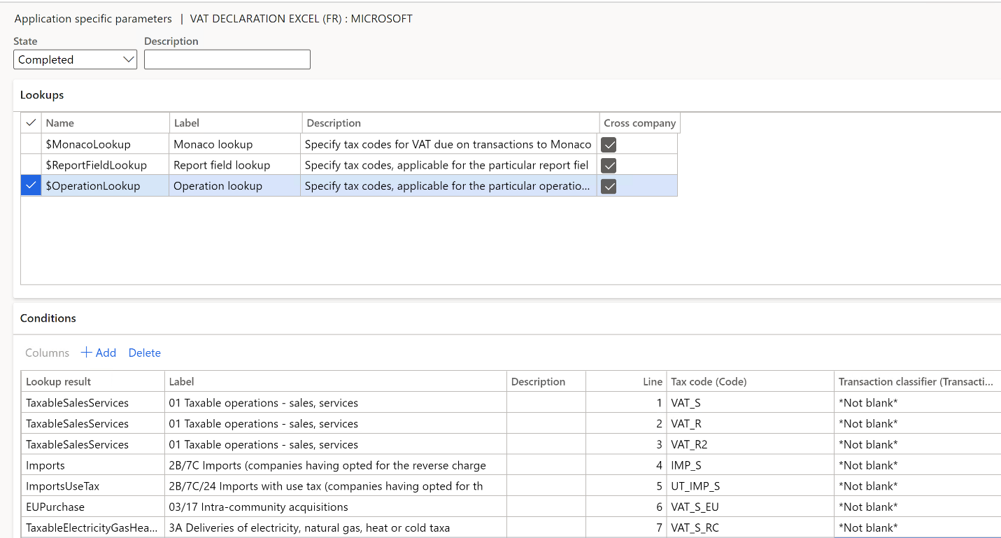 Screenshot of the Application specific parameters page showing operation lookup conditions.