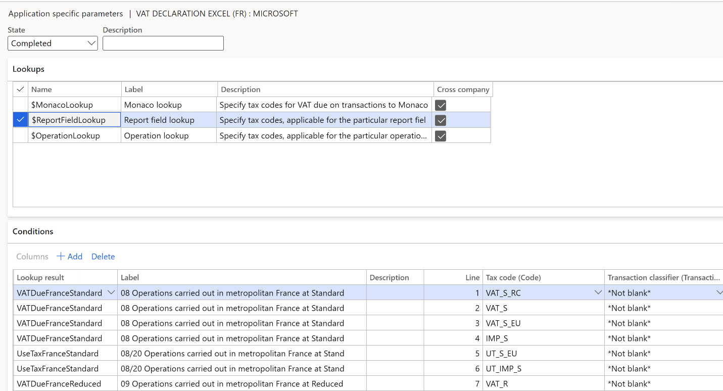 Screenshot of the Application specific parameters page showing report field lookup conditions.