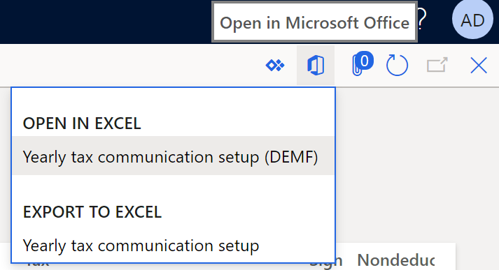 Screenshot of the Yearly tax communication setup (DEMF) selection.