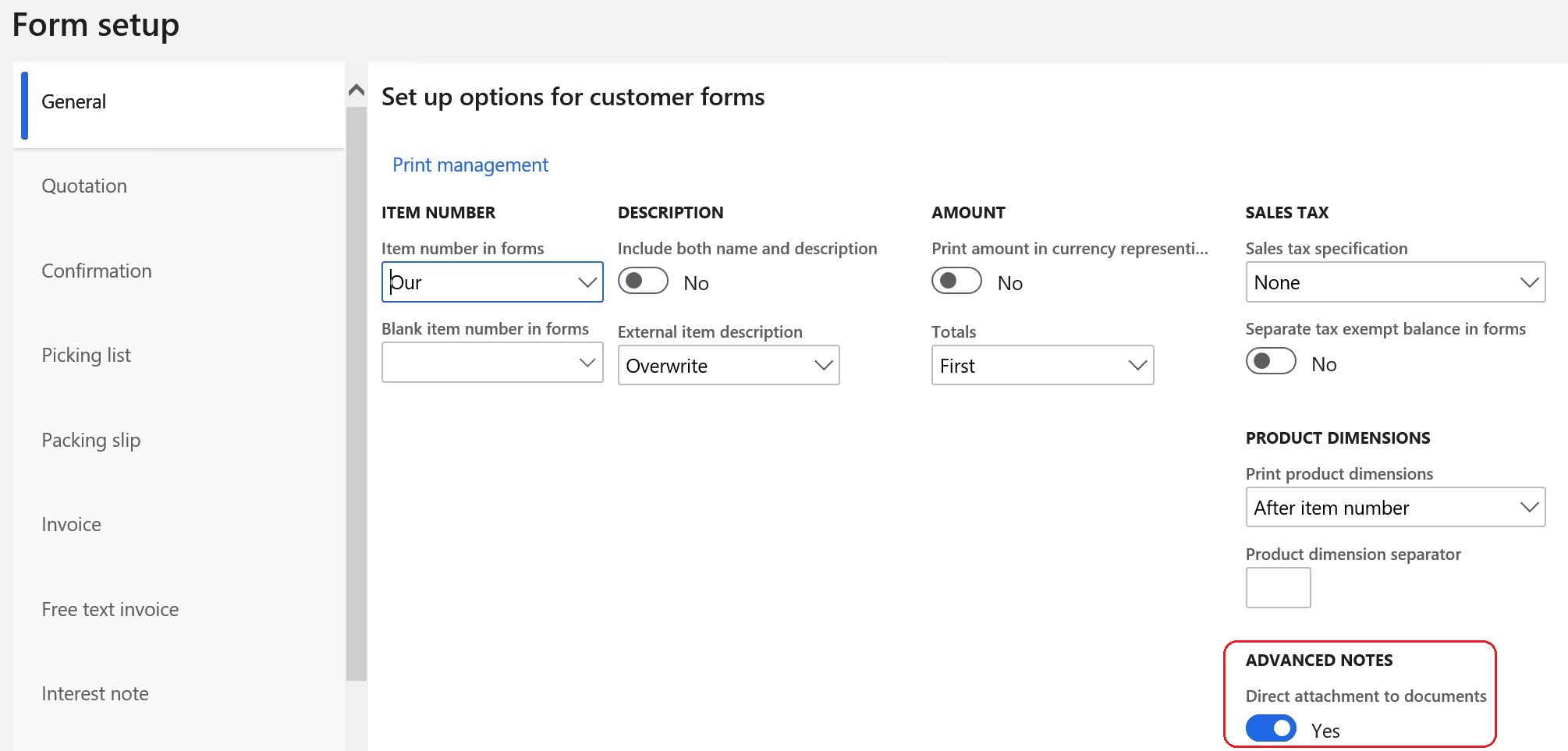 Screenshot of Forms set up page highlighting Direct attachment to documents parameter.