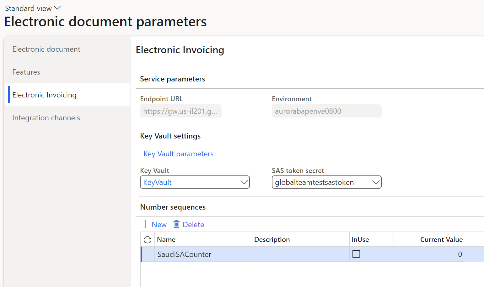 Screenshot of the Environment field for a service environment unavailable on the Electronic document parameters page.