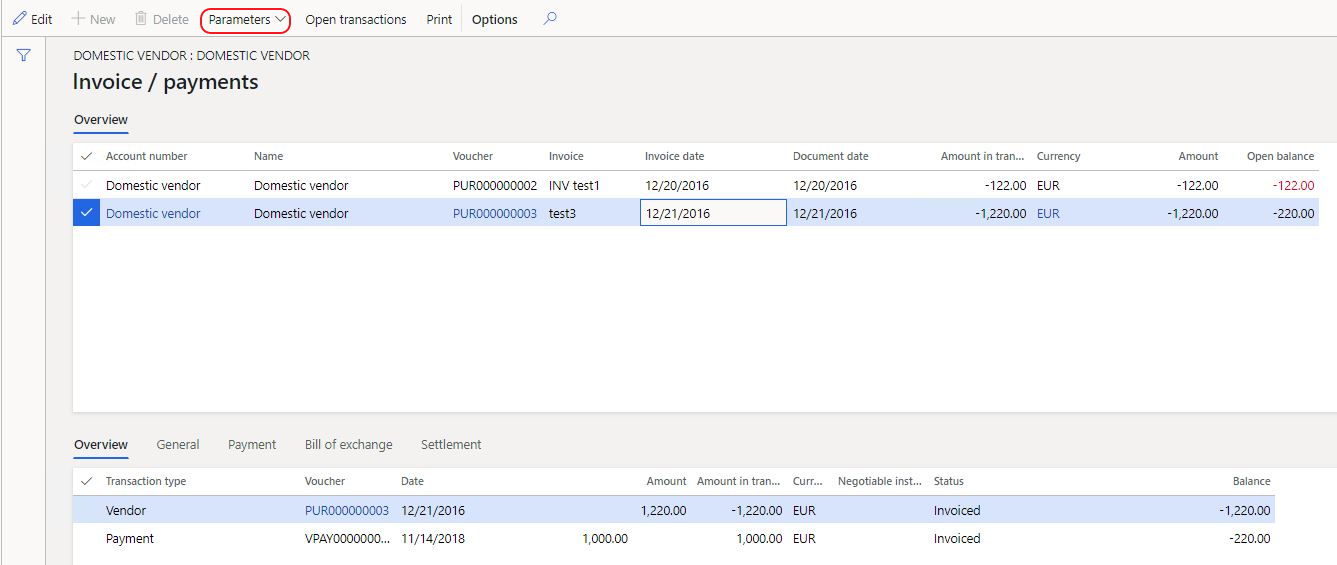 Screenshot of the Invoice/payments list page.