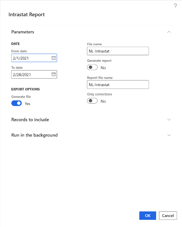 Screenshot of the Intrastat Report dialog box.