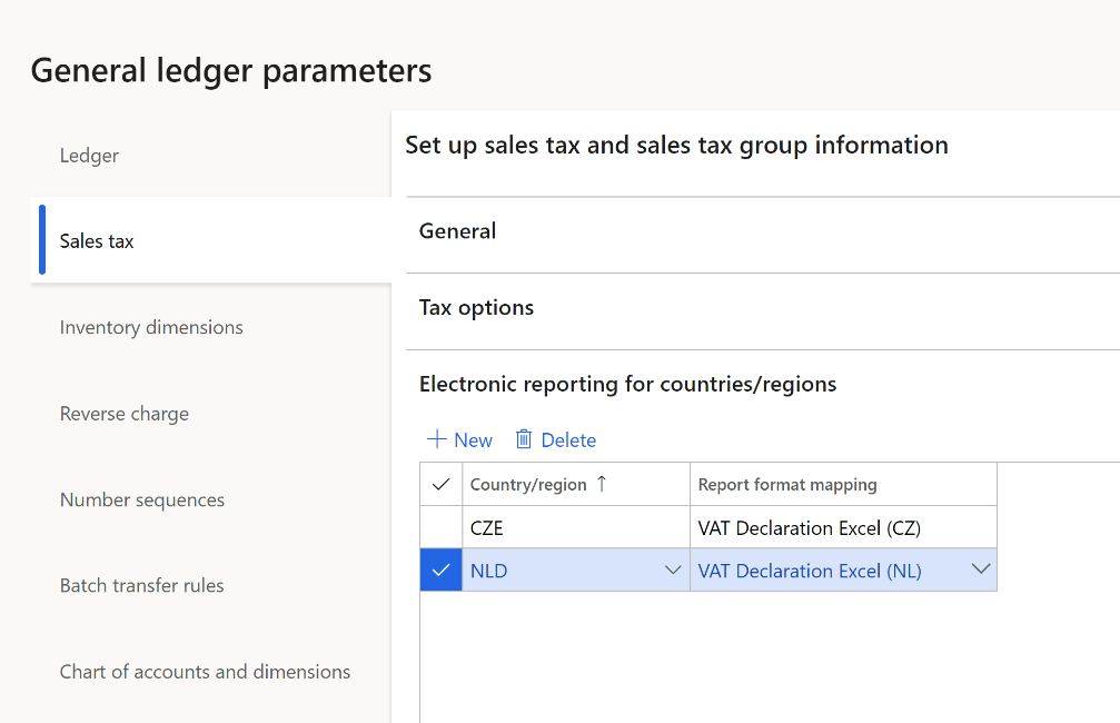 Screenshot of the General ledger parameters page showing electronic reporting settings.