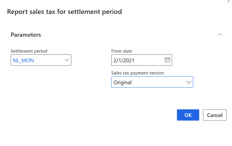 Screenshot of the Report sales tax for settlement period dialog box.