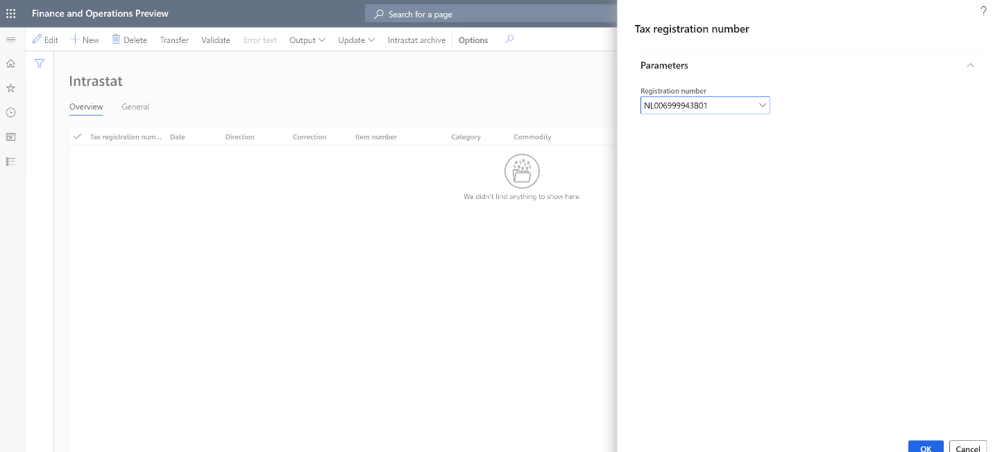 Screenshot of the Tax registration number selected in the Tax registration number dialog box.