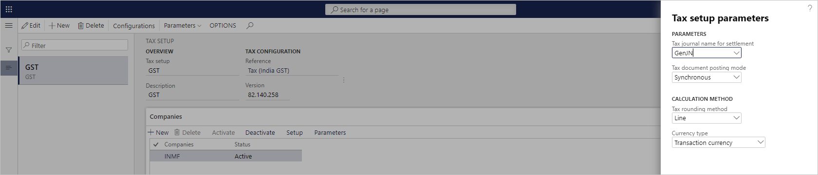 Screenshot of tax setup parameters dialog box.