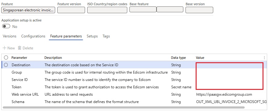 Screenshot of the Feature parameters tab configured for the Globalization feature for Singapore.