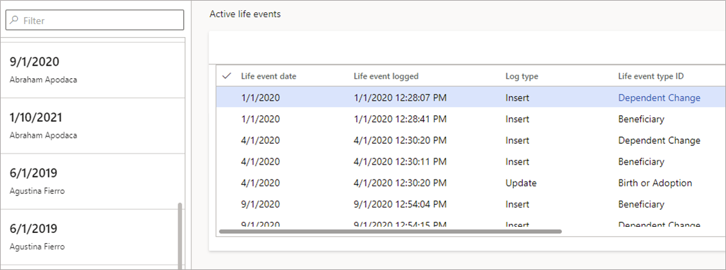 Screenshot of the life events list.