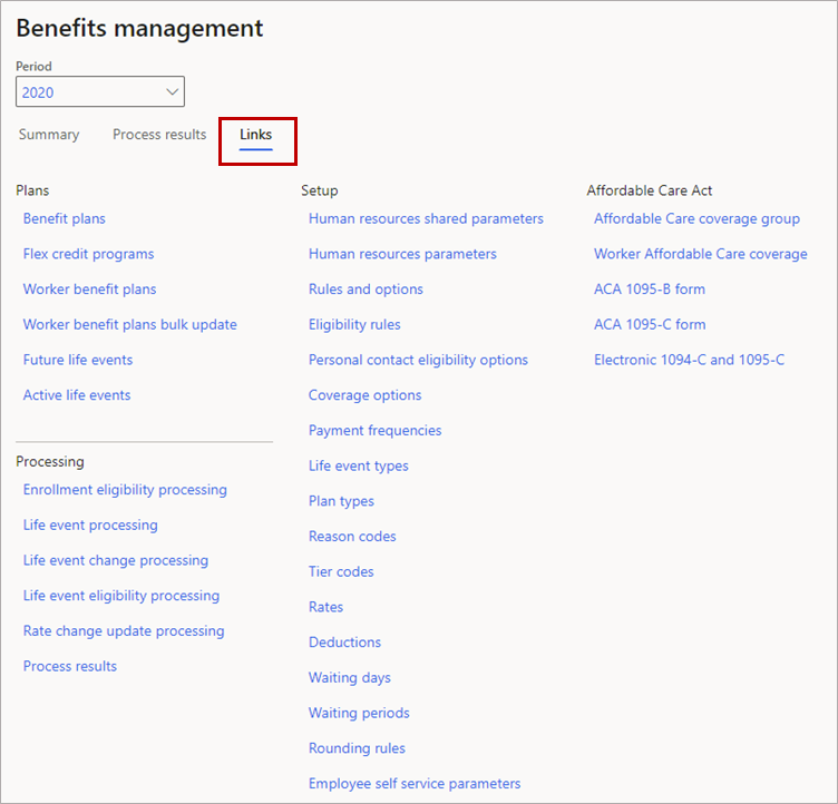 Screenshot of the Links menu in the Benefits management workspace.