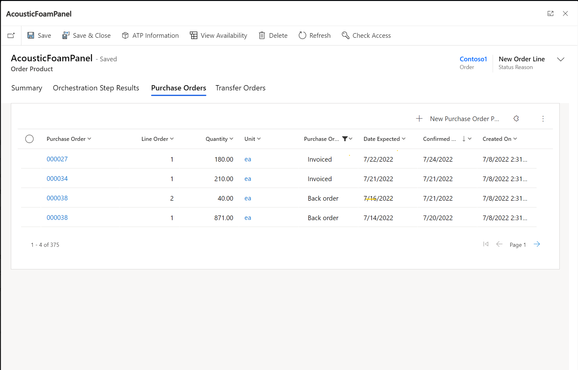 Screenshot of the Purchase Orders tab on a sales order products page.