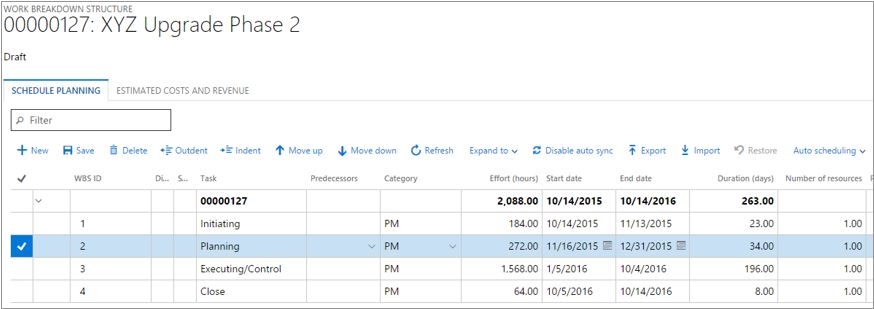 Screenshot of setting the dates and effort for project tasks.