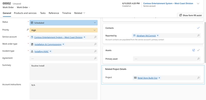 Screenshot showing the project linked to the work order on the work order experience.