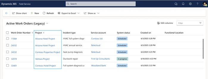 Screenshot showing project association in the work order list view.