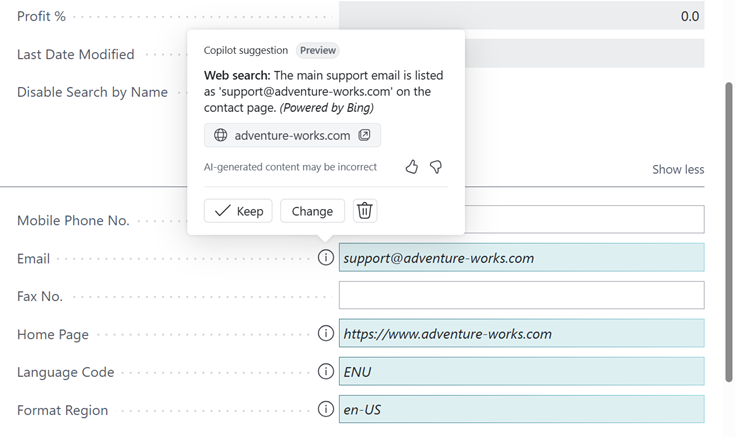 The info tip for an address field revealing how Copilot identified a suggestion.