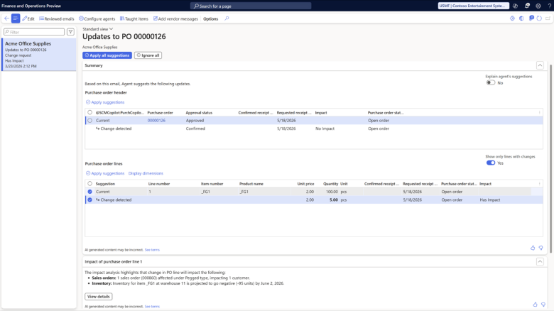 Image 1 - Supplier communications Emails from vendors page with impact analysis for a change request