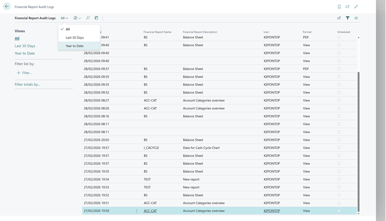 Screenshot of the audit log for financial reporting