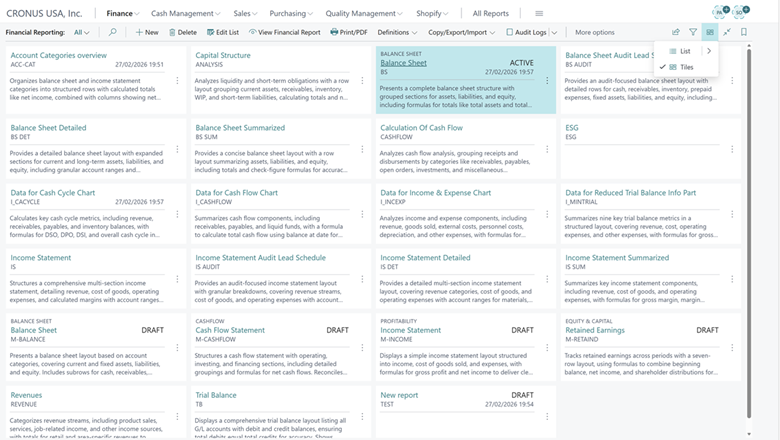 Screenshot of the new tile view for financial reporting