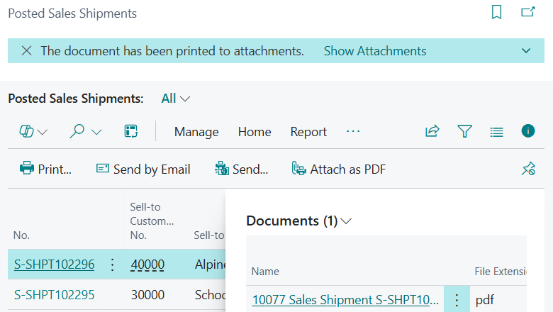 Posted sales shipment with attachments