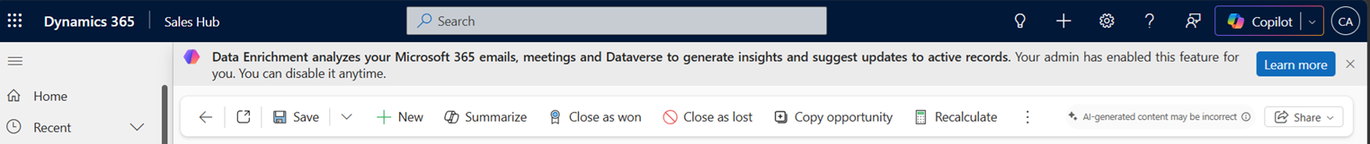 Screenshot of the notification banner in the opportunity record that informs the user that Data Enrichment is reading their emails and meeting data to generate suggestions