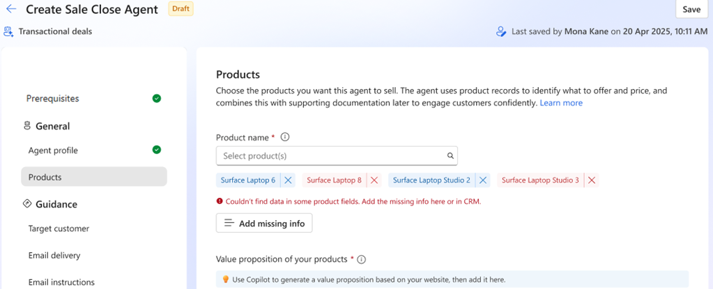 Screenshot of the Sales Close Agent product with add missing info option.