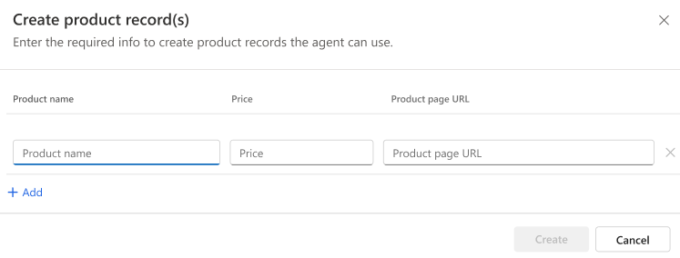 Screenshot of the Sales Close Agent create product records dialog box.