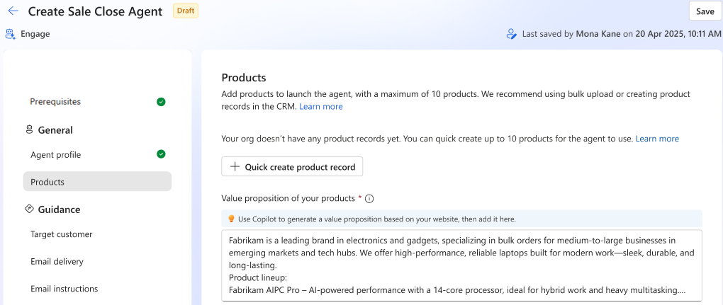 Screenshot of the Sales Close Agent product page with quick create product record.