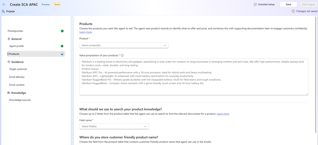 Screenshot of the Sales Close Agent product settings page.