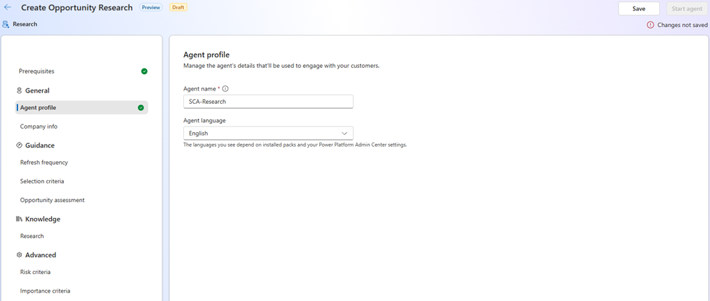 Screenshot of the Sales Opportunity Agent agent profile settings page.