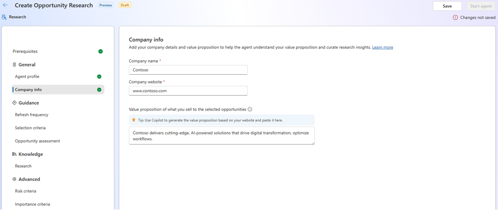 Screenshot of the Sales Opportunity Agent company info settings page.