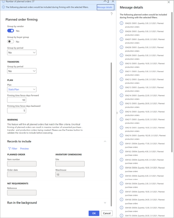 Example of a firmed order preview Example of a firmed order preview.