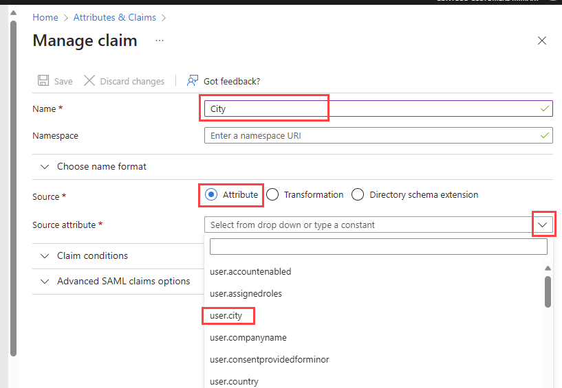 Screenshot of the drop-down list of built-in attributes.