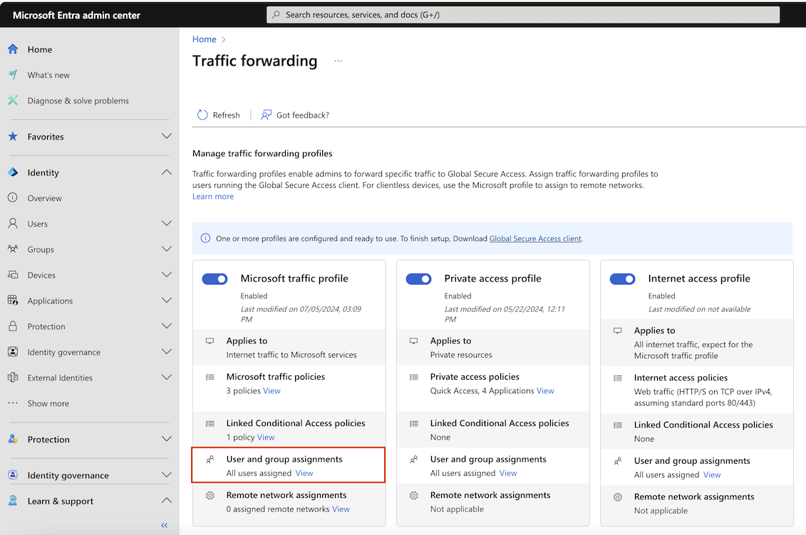 Screenshot that shows the traffic forwarding profiles with the view link highlighted.