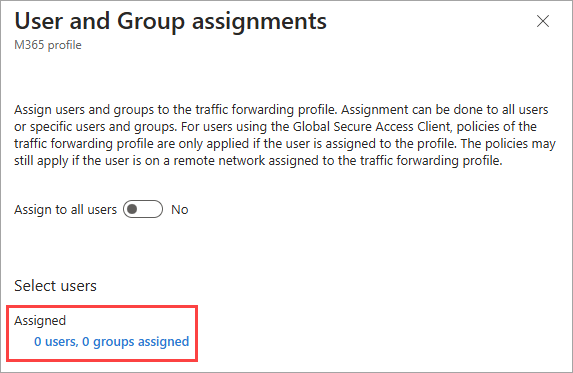 Screenshot that shows the 0 users, 0 groups assigned link.