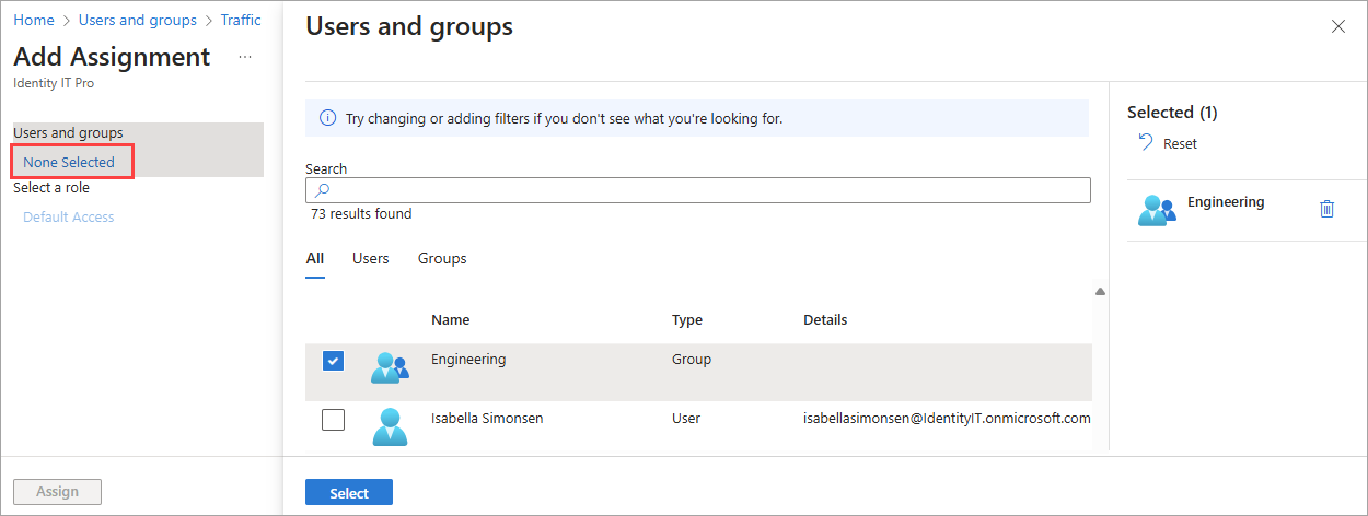 Screenshot that shows the user/group selection process with the None selected link highlighted.