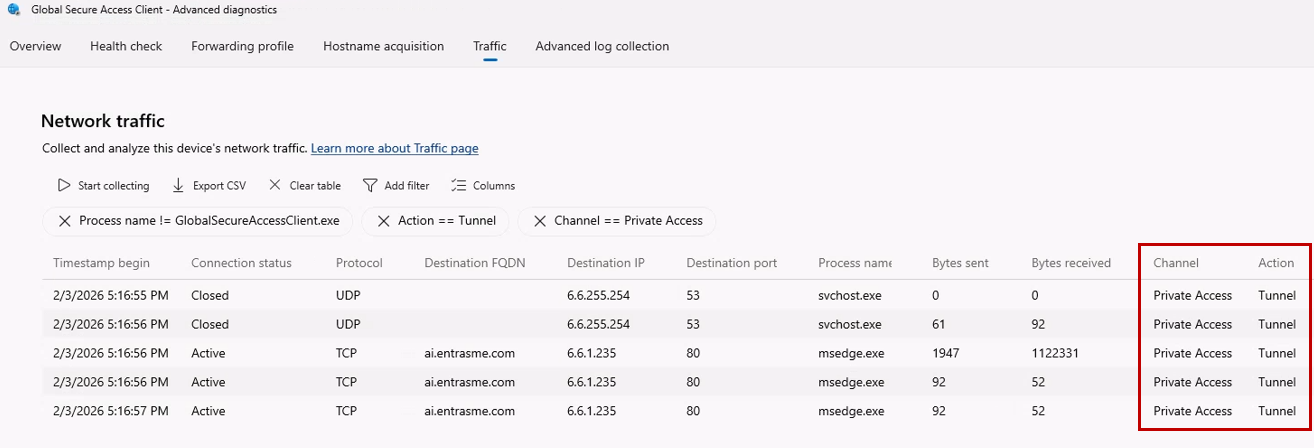 Screenshot showing the Advanced diagnostics traffic capture with tunneled traffic.