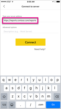 Screenshot that shows the Power BI mobile app with the External URL.