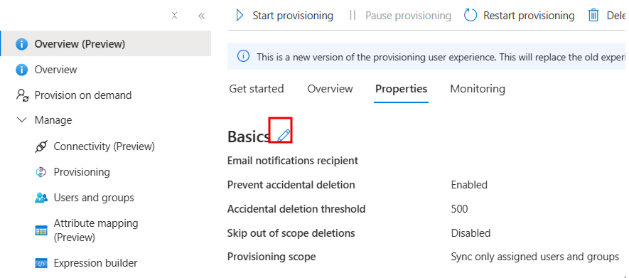 Screenshot of the Provisioning properties page showing notification and deletion settings.