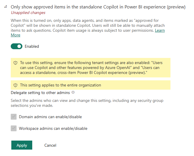 Screenshot of only show approved-for-copilot items in the standalone Copilot tenant setting.