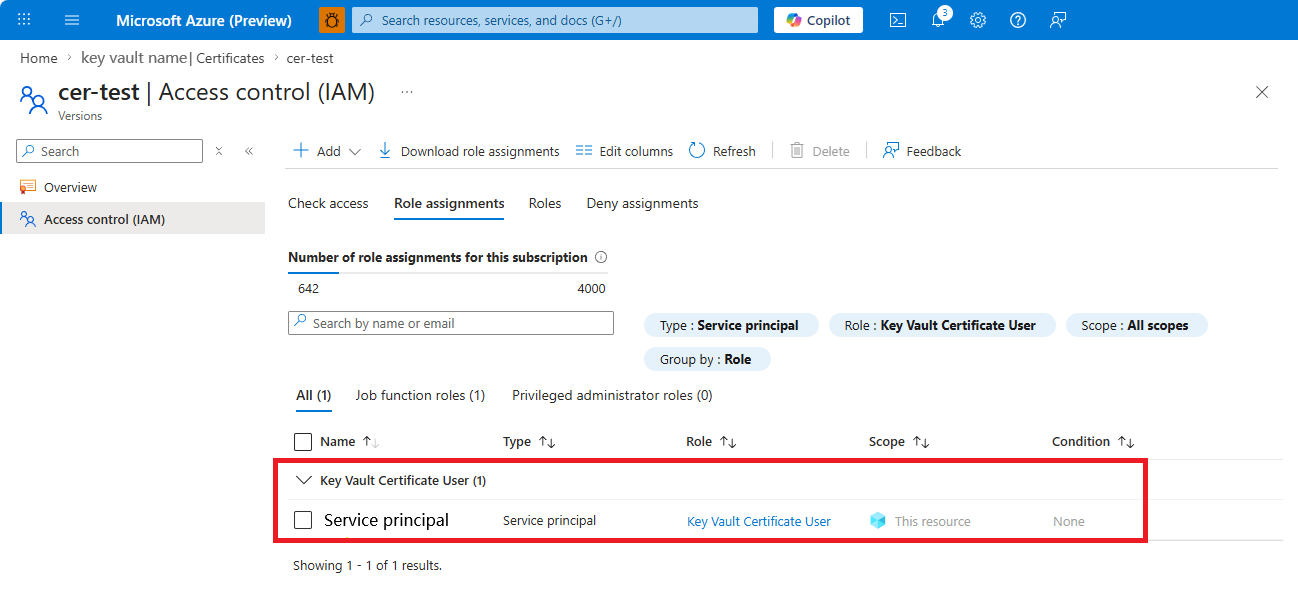 Screenshot showing assign key vault certificates user role.