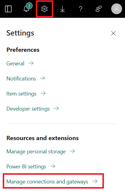 Screenshot showing how to open the manage connections and gateways menu.
