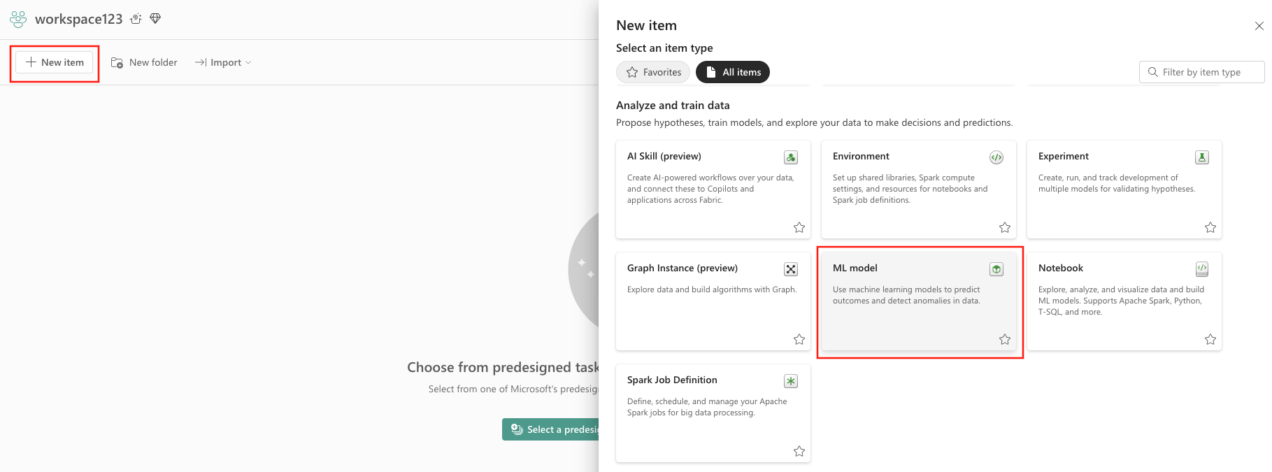 Screenshot of the New item menu with ML Model option highlighted under Analyze and train data section.